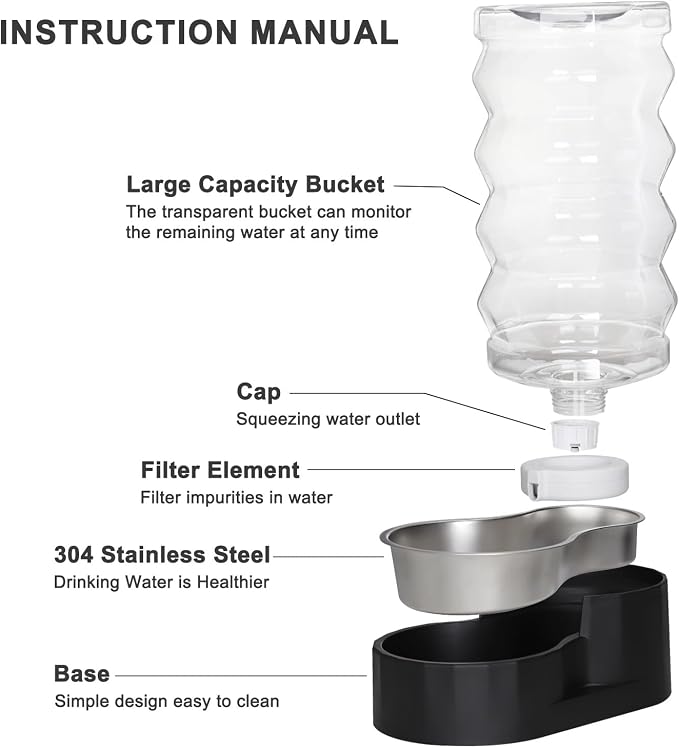 RIZZARI Large Dog Water Dispenser: 9L Black 304 Stainless Steel Gravity Feeder - Image 3