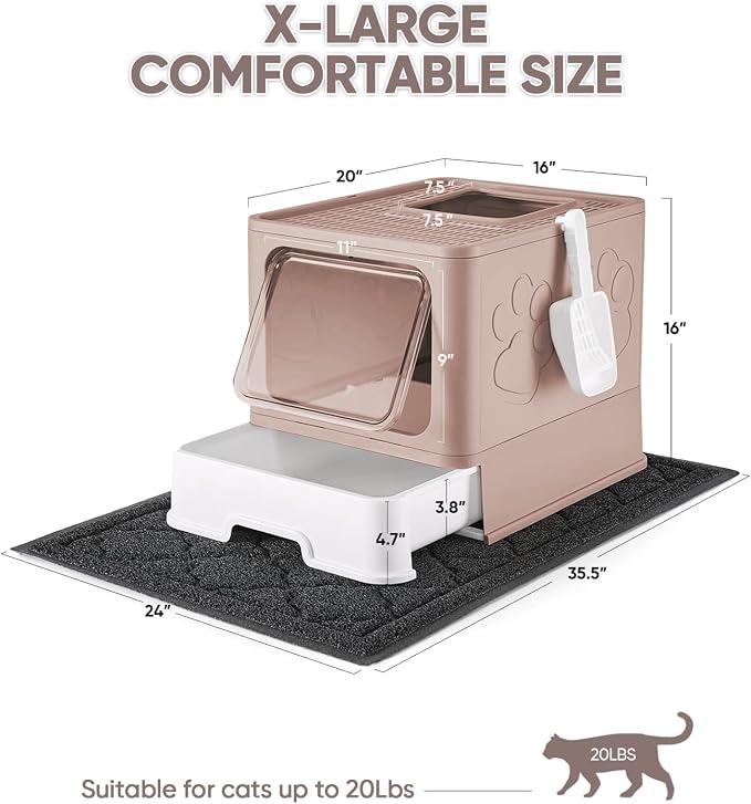 Cat Litter Box with X-Large Litter Mat and Scoop, Large Covered Litter Box with - Image 3