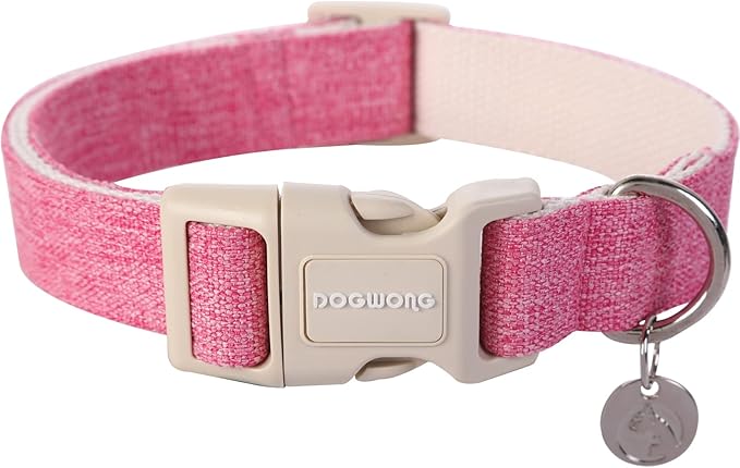 DOGWONG Cotton Hemp Dog Collar, Heavy-Duty Pink Dog Collar Adjustable Soft by DOGWONG