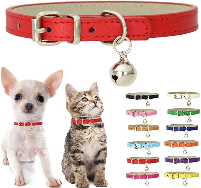 Red Kitten Collar with Bell, Soft Pu Leather Small Dog Collars Adjustable Buckle by Weimostar
