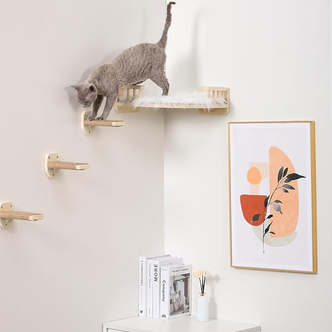 Cat Wall Shelves with 3 Steps Scratch Post, Climbing Shelf and Hammock - Image 9