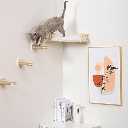 Cat Wall Shelves with 3 Steps Scratch Post, Climbing Shelf and Hammock - Image 9