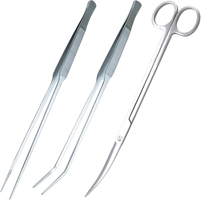 3-Piece Aquascaping Tools Set – 25cm / 9.8in Straight & Curved Long Tweezers by UTK+Usagi+To+Kame