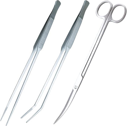 3-Piece Aquascaping Tools Set – 25cm / 9.8in Straight & Curved Long Tweezers by UTK+Usagi+To+Kame