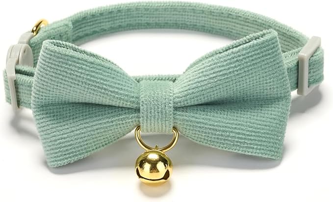 Soft Corduroy Cat Collar with Bell and Bowtie, Safety Breakaway Clasp, by Petiry