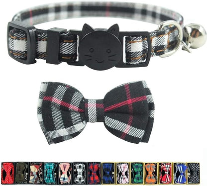 Cat Collar Breakaway with Bell and Bow Tie, Plaid Design Adjustable Safety by Ximipet