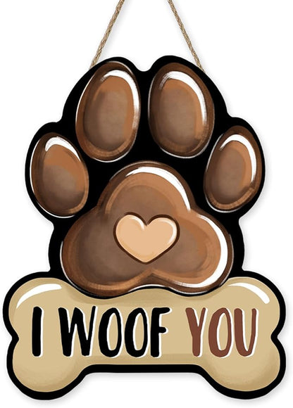 Dog Paw Prints Front Door Sign, I Woof You Bone Wood Hanger Outdoor Outside by Bolisom