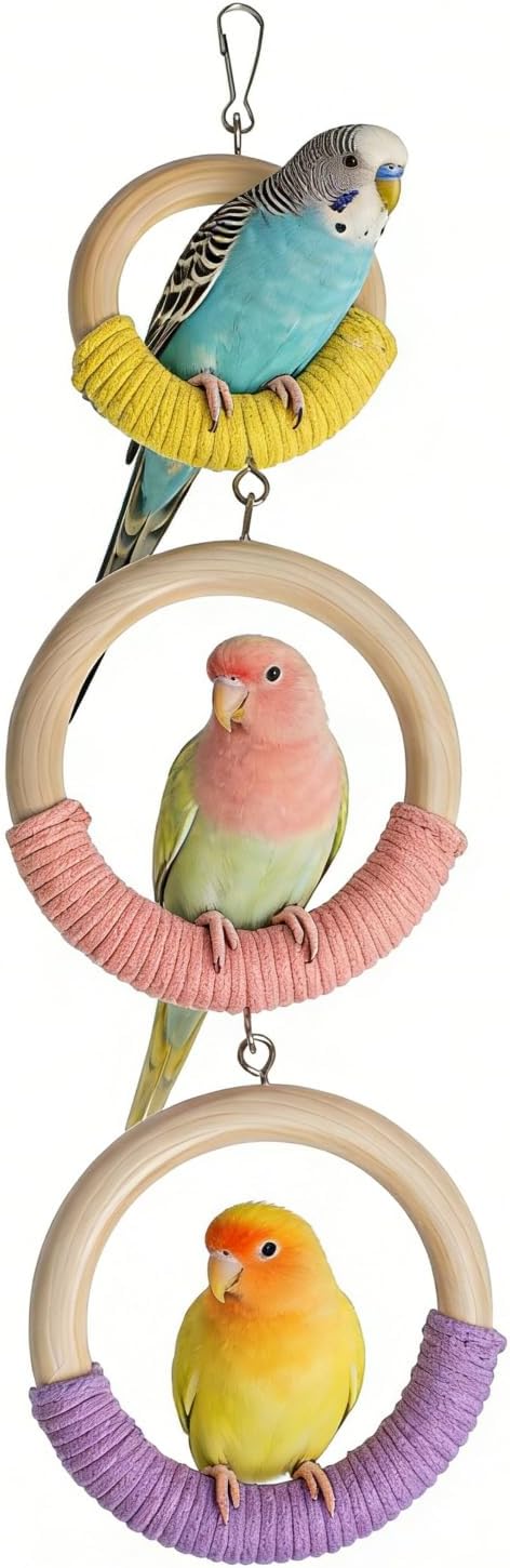3-Ring Bird Wooden Swing Climbing Toy Chewable Cotton Rope Perch by Unknown
