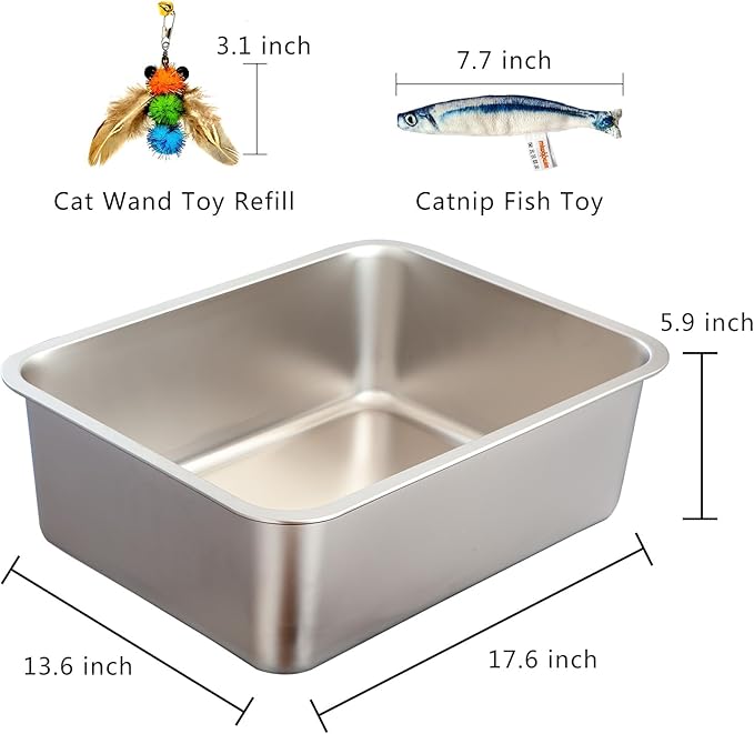 2-Pack Stainless Steel Cat Litter Boxes, Includes Catnip Fish Toy & Wand - Image 2