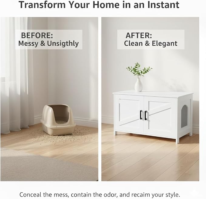 Homhedy Cat Litter Box Enclosure, Wooden Cat Washroom Furniture - Image 3