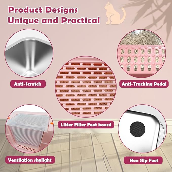 Vivifying Pink Stainless Steel Covered Cat Litter Box – Odor-Control, - Image 9