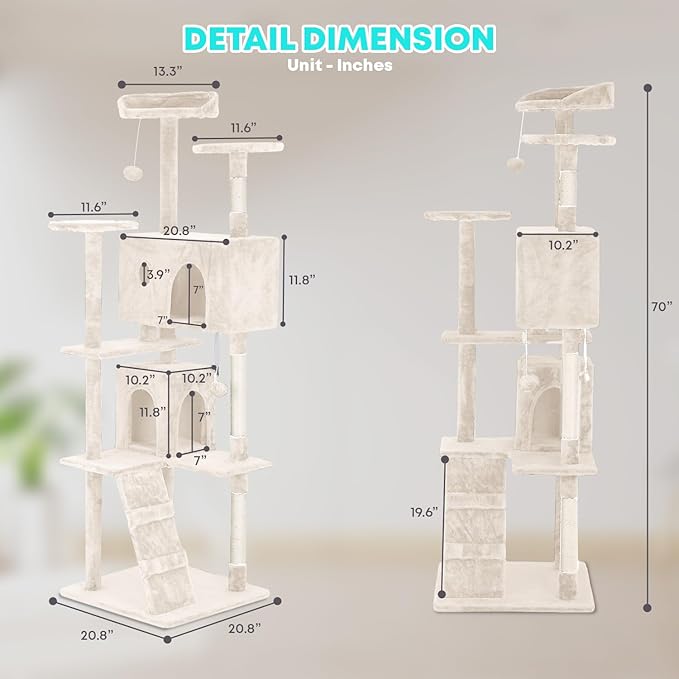 FDW | 70" Cat Tree Tower | Beige | Multi-Level Indoor Activity Center - Image 7