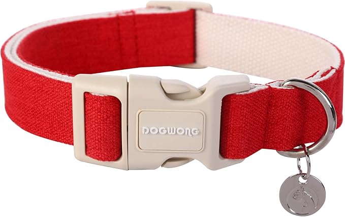 DOGWONG Cotton Hemp Dog Collar, Heavy-Duty Red Dog Collar Adjustable Soft by DOGWONG