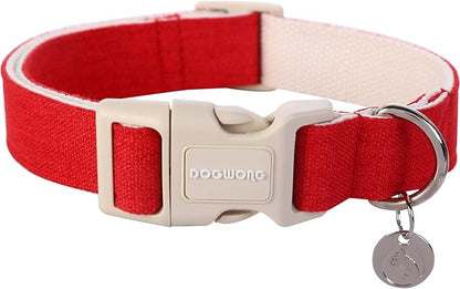 DOGWONG Cotton Hemp Dog Collar, Heavy-Duty Red Dog Collar Adjustable Soft by DOGWONG