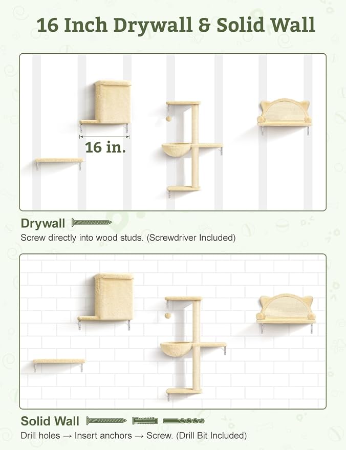 5-in-1 Cat Wall Shelves, Solid Wood & Velvet & Sisal Scratcher, 44lbs Max Load - Image 7