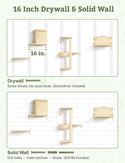 5-in-1 Cat Wall Shelves, Solid Wood & Velvet & Sisal Scratcher, 44lbs Max Load - Image 7