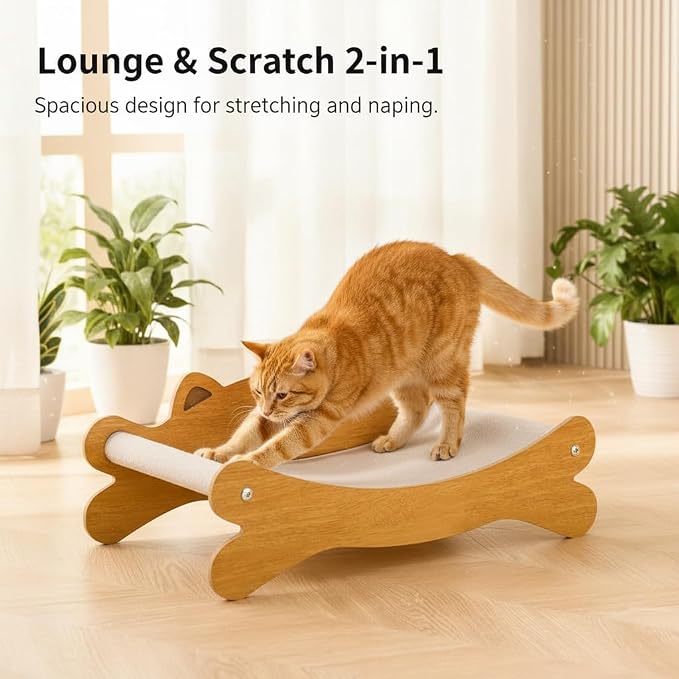 Cat Scratcher Bed for Indoor Cats & Hammock Lounge & Scratch Pad, Wooden Modern - Image 3