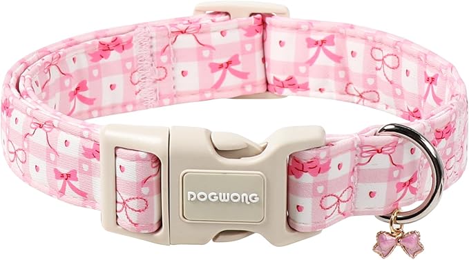 DOGWONG Pink Plaid Dog Collar-Cute Pink Bowtie Print Dog Collar, Adjustable by DOGWONG