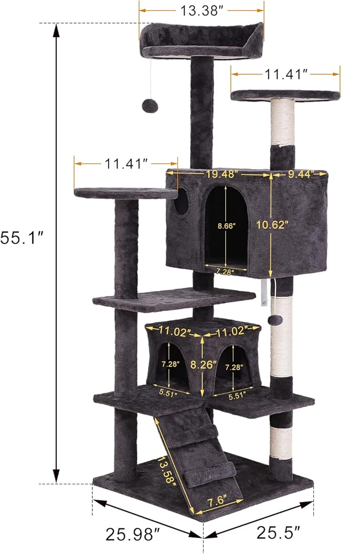 54-inch Cat Tree with Sisal-Covered Scratching Posts, Sturdy Standing Cat Tower - Image 3