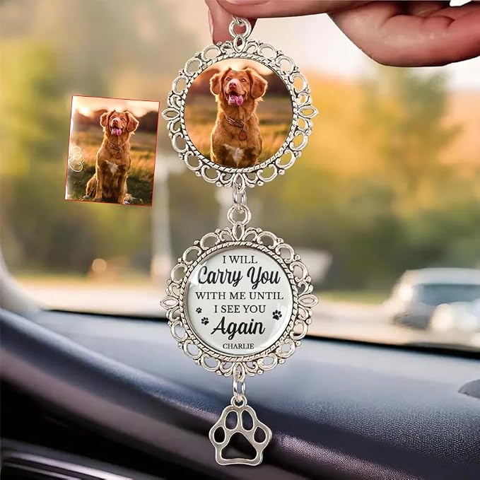 Custom Pet Photo Car Charm, Personalized Pet Memorial Rearview Charm, Paw by Unknown