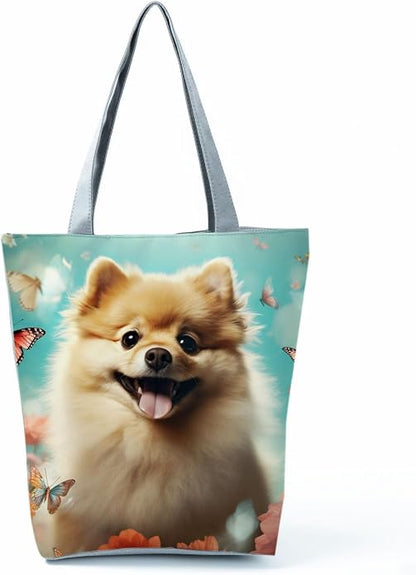 Cute Dog with Butterfly and Floral Design Tote Bag with Zipper Closure Outdoor by Unknown