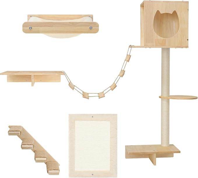 HOOBRO Wood Cat Wall Shelves, Plush Hammock, Scratcher and Climbing Shelves by HOOBRO