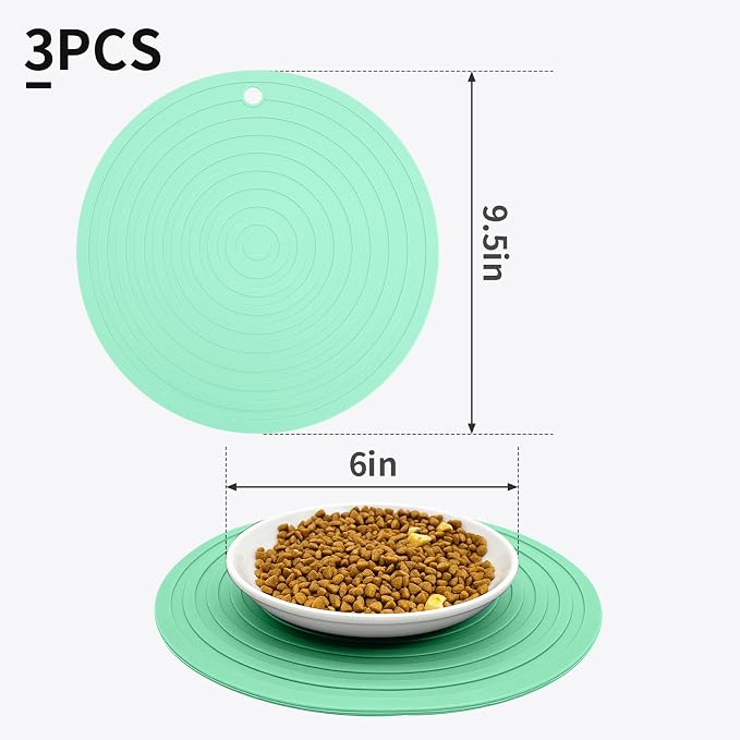 Fhiny 3PCS Silicone Pet Food Mat, 9.5" Round Waterproof Non-Slip Dog Cat Bowl - Image 3