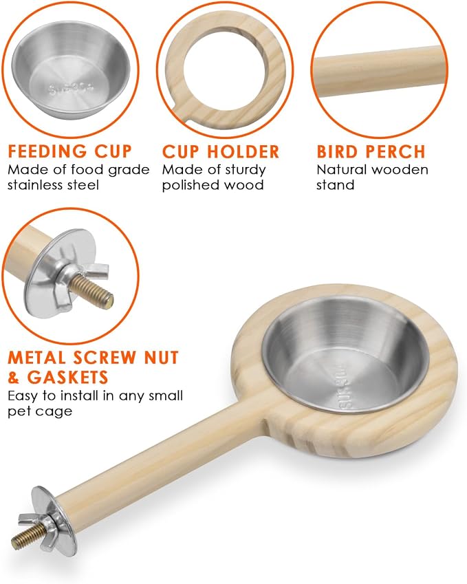 KATUMO Bird Perch Feeding Cup Birds Platform Parrot Wood Perch Stand Toy Cage - Image 2