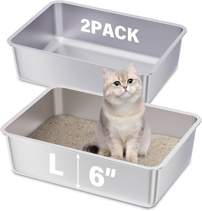Stainless Steel Litter Box 2 Pack, 19.7"x13.7"x6" Large Metal Litter Box by Futam