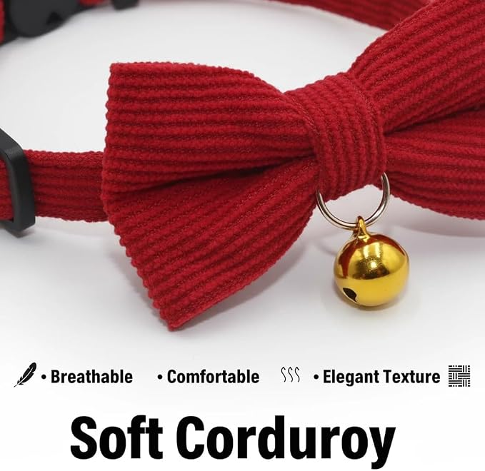 THAIN Cat Collar with Bow Tie and Bell, Breakaway Adjustable Cute Soft Corduroy - Image 2