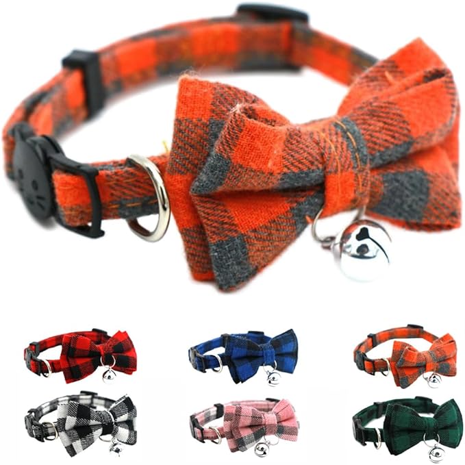 Orange Plaid Bow Cat Collar by YOUALSO