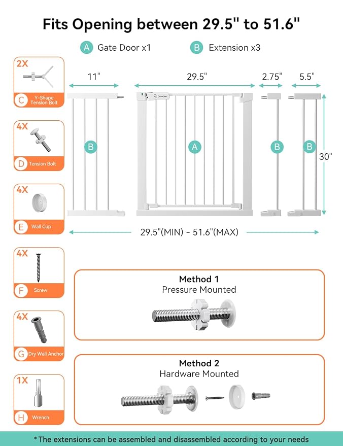 COMOMY 30" Tall Baby Gate for Stairs Doorways, Fits Openings 29.5" to 51.6" Wide - Image 6
