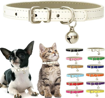 White Puppy Collar with Bell, Soft Pu Leather Cat Collars Adjustable Buckle by Weimostar