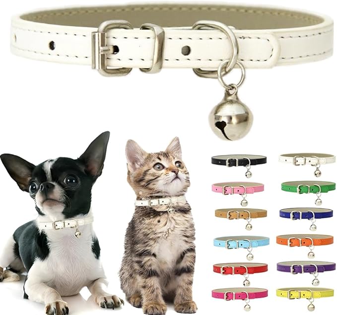 White XS Dog Collar with Bell, Soft Pu Leather Cat Collars Adjustable Buckle by Weimostar