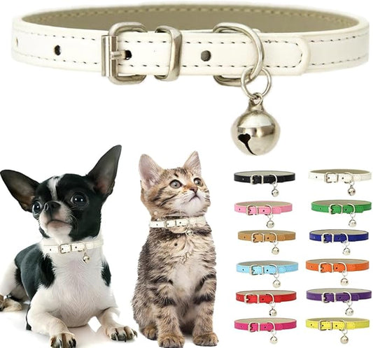 White XS Dog Collar with Bell, Soft Pu Leather Cat Collars Adjustable Buckle by Weimostar