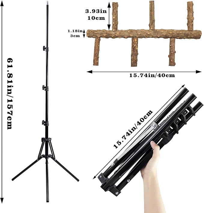 Wooden Bird Perch Stand with a Height Adjustable Tripod, Bird Training - Image 3