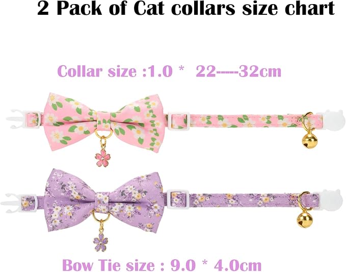 2 Pack Cat Collars, Removable Bowtie, Floral Pattern, Safety Breakaway Clasp - Image 3