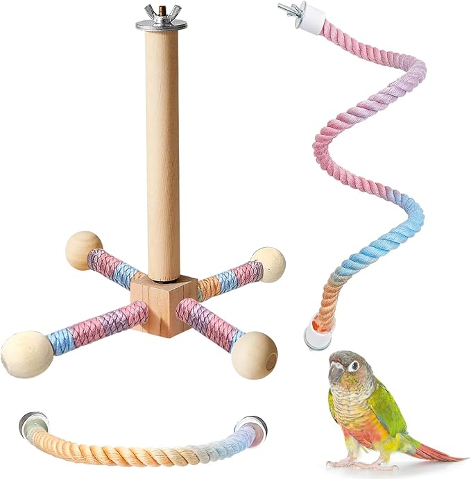 BNOSDM Bird Rope Perch with Stand Perch Toy Set Bendable Rope Perches Wooden by BNOSDM