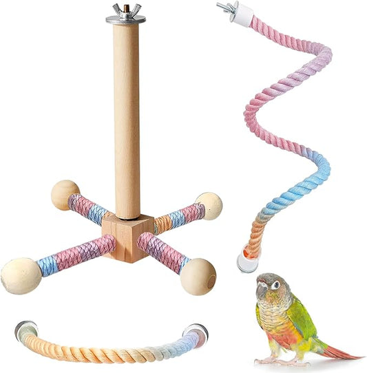 BNOSDM Bird Rope Perch with Stand Perch Toy Set Bendable Rope Perches Wooden by BNOSDM
