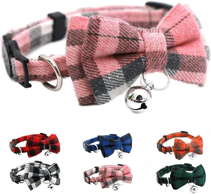 Pink Plaid Bow Kitten Collar by YOUALSO