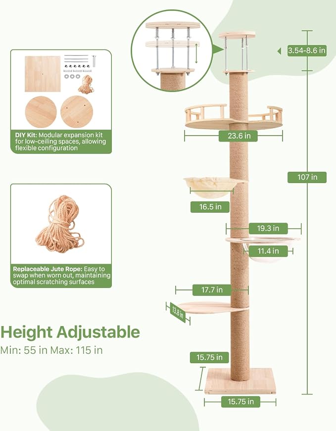Floor to Ceiling Cat Tree, Adjustable Height, 4 Level Tall Cat Tree Tower - Image 2