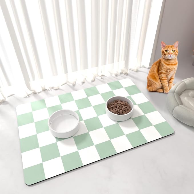 Pet Feeding Mat, Checkered Cat Bowl Mats, Quick Dry Dog Water Dispenser Mats by BLESWIN
