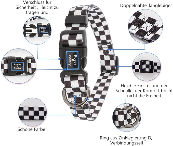 Roses&Poetry Dog Collar with Colourful Checkered Patterns, Adjustable Durable - Image 7