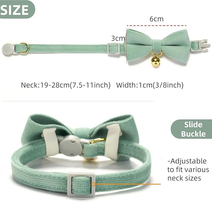 Soft Corduroy Cat Collar with Bell and Bowtie, Safety Breakaway Clasp, - Image 3