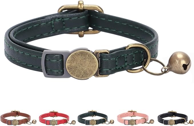 THAIN Leather Cat Collar with Bell Breakaway- Adjustable, Retro Bell fit Most by THAIN