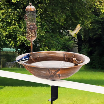 DREAMSOUL Deck Bird Bath with Feeder, Metal Birdbath Bowl by DREAMSOUL
