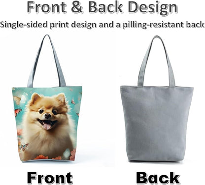 Cute Dog with Butterfly and Floral Design Tote Bag with Zipper Closure Outdoor - Image 8