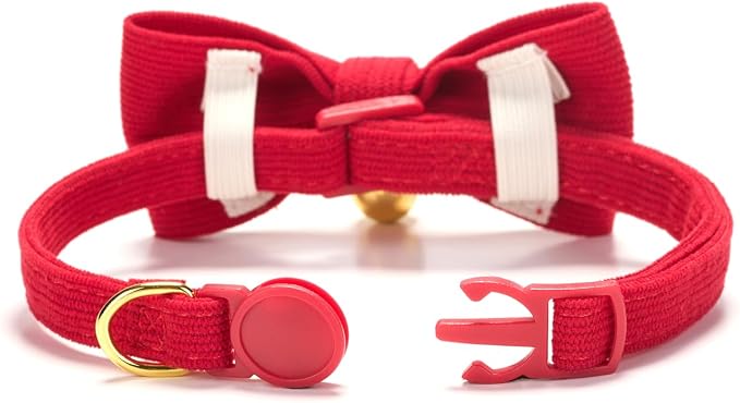 Soft Corduroy Cat Collar with Bell and Bowtie, Safety Breakaway Clasp, - Image 3