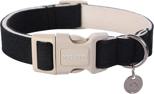 DOGWONG Cotton Hemp Dog Collar, Heavy-Duty Black Dog Collar Adjustable Soft by DOGWONG