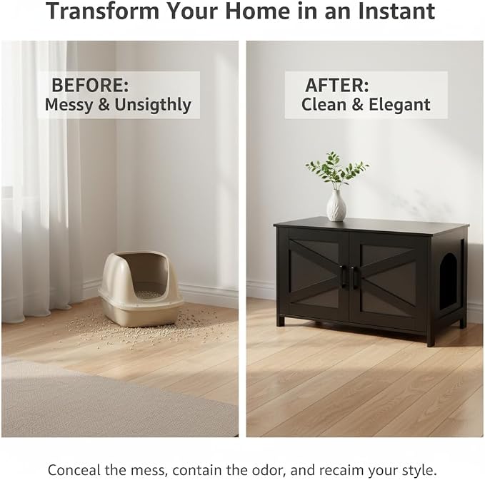 Homhedy Cat Litter Box Enclosure, Wooden Cat Washroom Furniture - Image 3